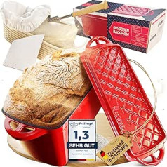FLAVEMOTION maizes cepšanas veidne ar vāku - pilns komplekts, sarkana emalja - SuperCrisp vāks ideālai garozai maizes cepšanai, arī skārds, čuguna katls, kastrolis, cepeškrāsns, holandiešu krāsns