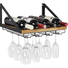 Jackcube MK478A Rustic Wood Wine Rack Wall Mount with 4 Metal Wire Glass Brackets Home Kitchen Decoration Storage Rack