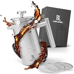 Bjørn Liebdhal® Premium French Press nerūsējošais tērauds 1 litrs — 2 izmēri — ar termisku efektu [iekļauti 3 nomaiņas filtri un instrukcijas] – Kafijas automāts Drošs trauku mazgājamajā mašīnā – Kafijas prese lietošanai ceļā