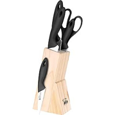 RB Renberg Dresde - 6 Messerset - Edelstahl - Cuchi - Koch 18 cm - Brotmesser 20 cm - Mehrzweck - Cuchi 12,5 cm - Peeling Cuchi 8,75 cm - Schere - Schwarzgriff - Holzblock