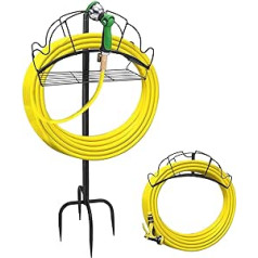 Garden Hose Holder, Freestanding Metal Water Hose Stand, Removable Robust Hose Hanger with Storage Basket, Garden Hose Holder for Yard, Lawn Place (4 Spiky Feet)