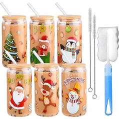 6 Pack Christmas Jar Jar 16oz Coffee Glass Cups with Bamboo Lid and Straw, Santa Claus, Elk, Christmas Tree, Can Jar for Water, Juice, Milk, Beer, Whiskey, Vodka and