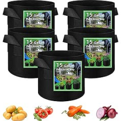 5 iepakojumi dārzeņu audzēšanas maisiņi, dārza augu audzēšanas maisiņi, elpojošs neausts audums, stādu podi ar rokturiem, iekštelpu un āra audzēšanas konteineri dārzeņiem, ziediem, augiem, augļiem, 15 galoni