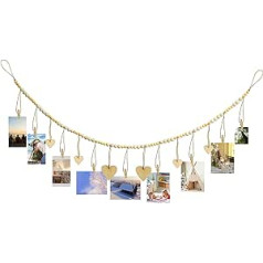 Wandbehang Fotodisplay ar Holzperlen Girlande, Boho Collage Bilderrahmen Dekor, DIY Fotorahmen Set ar Holzklammern und Herzen für rustikales Landhaus, Schlafzimmer, Büro, Babyzimmer, Wohnheim Dekor