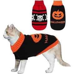 HYLYUN Pack of 2 Cat Jumpers, Halloween Pet Dog Jumper, Classic Pumpkin & Skull, Knitted Hoodies, Warm Sweater Clothes for Cats, Puppies, Halloween Costumes