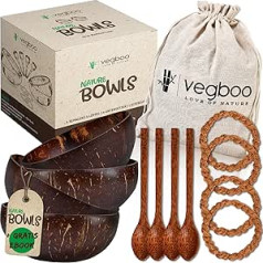 vegboo® kokosriekstu bļodu komplekts ar 4 14 daļām ar piederumiem — ilgtspējīga vegānu kokosriekstu bļoda — roku darbs, ideāli piemērota graudaugu bļodiņai, vegāniska, acai un smūtija bļoda