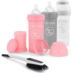 Twistshake Ensemble de Biberons Anti-Coliques with Récipient à Lait en Poudre et Mélangeur-3 Pieces|Comprend 1 Brosse de Nettoyage| Tétine en Silicone à Débit Rapide | San BPA | 2 Mois+ | Roze Violeta