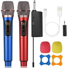 ALPOWL profesionāla divu UHF bezvadu mikrofonu bezvadu mikrofonu sistēma karaoke un ballītēm, uzlādējams uztvērējs balss pastiprinātājam, darbs baznīcā, kāzu vakariņas (zils un sarkans)