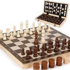 Chess Game, Wooden Chess Board, 2-in-1 Chess, Foldable Board, Magnetic Handmade Chess with Large Pieces, Toys and Gifts for Children, 40.5 x 40.5 cm