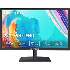 Antteq 22 collu biznesa datora monitors, FHD 1080p 75Hz galddatora monitors, vāja zilā gaisma, acu komforts, HDMI VGA porti, LED datora monitors, melns