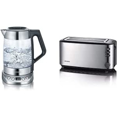 SEVERIN Glas-Tee-/Wasserkocher Deluxe, Mit Temperaturregler (Für 1,7 L Wasser/1,5 L Tee, ca. 3.000 W) edelstahl/schwarz & AT 2509 Automatik-Toaster (1.400 W, 2 Langschlitzkammern) Edelstahl/schwarz