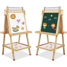 Homcent Wooden Easel for Children with Paper Roll, Double-Sided Height Adjustable Drawing Board for Birthday Gifts