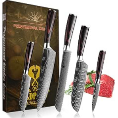 Oldpard Professional Kitchen Knife Set | Chef's Knife, Santoku & Bread Knives and Others | Stainless Steel Laser Pattern with Pakkawood Handle | Gift Box Set