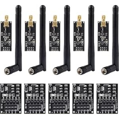 Aitrip 5-daļīgs NRF24L01+PA+LNA raidītāja uztvērējs bezvadu raiduztvērējs RF raiduztvērēja modulis ar SMA antenu 2.4GHz 1100m + Breadboard Breakout adaptera plate, kas saderīga ar NRF24L01 moduli priekš Arduino