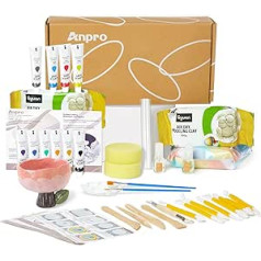 Anpro Home Air Drying Clay Pottery Kit for Beginners, DIY Clay Play Set for Adults, with Tools, Paints, Brushes, Instructions and Gloss Varnish