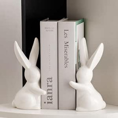 Decorative Ceramic Bookends Funny Rabbit Bookends Rabbit Book Holder Stopper for Shelves Art Bookend - White