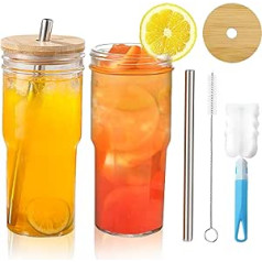 SYOUACEND 680 ml Glasbecher mit Deckel und Strohhalmen, 2 Stück, wiederverwendbare Eis-Kaffeetasse, Einmachglasbecher, Glasbecher mit breiter Öffnung, Boba-Becher für Bubble Tee, Smūtiji, Saft, mit