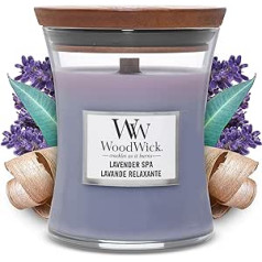 WoodWick vidēji aromātiska svece smilšu pulksteņa burkā ar Crackle Wick, lavandas spa, degšanas laiks līdz 60 stundām