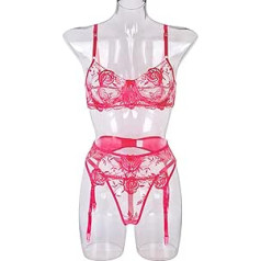 MLLM Halter babydoll halterneck, pidžama ar mežģīņu izšuvumu, trīs apakšveļas daļas, rose red_M, negligee string apakšveļa