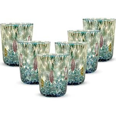 Gocce di Murano komplekts ar 6 varavīksnes mutē izpūstām Murano stikla glāzēm, 300 ml, rokām gatavots krāsains iepakojums, kurā ir 6 elegantas un vērtīgas ūdens glāzes (akvamarīns, 6), 240 ml