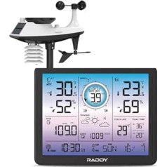 Raddy VP7 bezvadu meteoroloģiskā stacija ar āra sensoru, termometru, higrometru, 7,4 collu digitālo displeju, DCF radio pulksteni, temperatūras mitruma monitoru ar laika prognozi un barometru