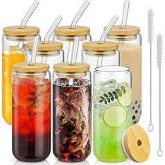 SENTVEND Trinkgläser mit Bambusdeckel und Glasstrohhalm, 590 ml, 8 Stück Dosenförmige Glasbecher, Bier- und Eiskaffeegläser, niedlicher Becher, ideāls Soda, Boba, Tee, Cocktail, inklusive 2