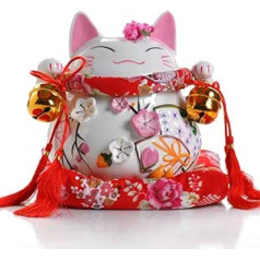 Maneki Neko — japāņu porcelāna laimīgais kaķis ar zvaniņiem — fenšui šarms cūciņa banka (liels (19 cm))