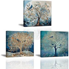 Piy Painting Blue Tree Canvas Picture, Abstract Modern Living Room Pictures, Art Prints on Canvas, Framed Artwork, Wall Decoration for Bedroom, Office, Home Decor, 3 Pictures, 30 x 30 cm, Easy to Hang