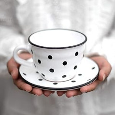 City to Cottage — keramikas kafijas krūze, tējas krūze, 350 ml, balti un melni punktiņi, rokām gatavota kafijas krūze ar apakštasīti, kapučīno krūze