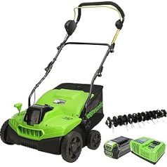Greenworks Tools 40V 2-in-1 Battery Scarifier and Lawn Aerator GD40SC36 + 01-000002927207 G40B5 Batteries, 40 V, Green, Grey, Black + Battery Quick Charger G40UC4
