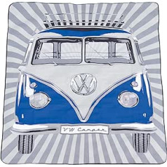 BRISA VW kolekcija — Volkswagen Picknickdecke 200x150 cm Wasserdicht Wärmeisoliert Fleece Garten Outdoor Stranddecke mit Tragetasche (Samba Stripes/Blau)