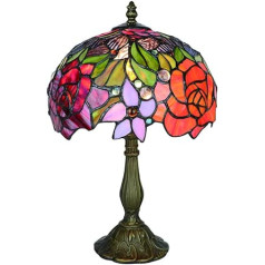 Tokira Tiffany stila galda lampa, vitrāžas 10 collu sarkanu rožu ziedu naktslampiņa, retro stila Eiropas galda lampas nakts guļamistaba viesistabai, [bez spuldzēm]