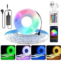 24 V WiFi COB LED RGB LED sloksne 5 m, COB LED sloksne RGB aptumšojama ar tālvadības pulti un barošanas avotu, LED COB RGB LED sloksne LED gaismas sloksne, 576 LED/M, vadāma lietotne, saderīgs ar Alexa Google