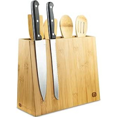 naturlik Magnetic Knife Block + 5-Piece Cooking Spoon Set - 2 in 1: Knife Block without Knives & Utensil Holder Kitchen - Bamboo Knife Holder Magnetic - Magnetic Knife Holder - Kitchen Organiser