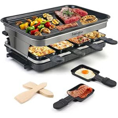 Raclette Grill for 8 People, 8 Mini Raclette Pans for Cooking Cheese and Side Dishes and a Wooden Spatula Raclette Flexible Temperature Control, Large Square Non-Stick Cooking Surface