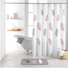 Sanixa Shower Curtain Textile 180 x 200 cm Feathers White Pink Grey Water-Repellent Washable Bath Curtain Curtain High Quality with Rings Metal Eyelets