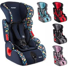 BABYLON Planet Baby Car Seat Group 1/2/3, Child Seat 9-36 kg (1 to 12 Years), ECE R44/04 Blue/Printed Kittens