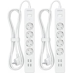 2 x Power Strip 3 Metre Cable, NTONPOWER Multiple Socket Surge Protection 4 Way 4 USB Long Extension Cable, White