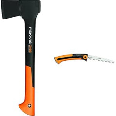 Fiskars Universāls cirvis, ieskaitot asmeni un transportēšanas aizsardzību, 44 cm, nepiedegošs pārklājums un rokas zāģis svaigam kokam, rupji zobi, zāģa asmens garums: 16 cm, izvelkams, melns/oranžs