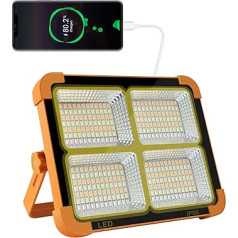 100 W LED celtniecības prožektors ar uzlādējamu akumulatoru saules baterijām. Prožektora pārnēsājama kempinga lampa ar 16500 mAh barošanas bloku, 10000 lūmenu, būvlaukuma garāžas darbnīca makšķerēšanas avārijas gadījumā