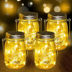 Saules lampa āra dārzam — 4 paka 30 LED Fairy Lights konservēšanas burkā ar rokturi IP65, ūdensnecaurlaidīgs un rūsas necaurlaidīgs saules lukturis, āra iekštelpu ballītēm kāzu bārs, lapene pagalma žogs, balkons