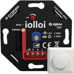 iolloi Zigbee Dimmer 5–200 W, 230 V fāzes vadības rotējošais dimmeris aptumšojamām LED un halogēnām lampām, saderīgs ar Philips Hue, Alexa un Google Home, bez montāžas rāmja