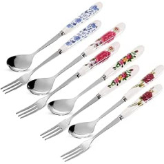 8 Dessert Spoons, Pastry Forks, Flower Ceramic Handle, Spoon and Fork Set, Serving Spoon, Mixing Spoon, Ice Cream Sundae, Latte, Coffee, Tea, Honey, Fruit Pie, Dessert Forks, Creative