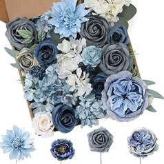 Floweroyal Artificial Flowers Dusty Blue Silk Flowers Mix Dahlia Roses with Stems for DIY Wedding Bridal Bouquets, Baby Shower, Flower Arrangement, Table Decoration, Home Decorations