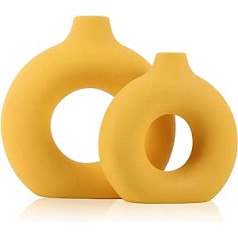 2-Piece Waterproof Yellow Doughnut Vase, Set Vase Yellow Matt Ceramic for Pampas Grass, Ikebana & Tulips, Vintage & Boho Style, Ideal for Living Room, Bedroom, Office Aesthetic Decoration