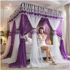 4 Corner Post Canopy Bed Curtain Princess Embroidered Lace Ruffle Bed Canopy Curtain for Girls and Adults Double Layer Sheer Mesh Mosquito Net (Color: