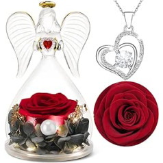 Yamonic Eternal Rose with Necklace, Gifts for Women, Real Rose in Angel Glass Dome, Gifts for Valentine's Day, Eternal Flower with LED Lights, Gift Girlfriend, Mum Gift, Red