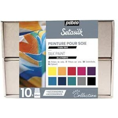 Pébéo Setasilk Collection Box - Silk Painting Set - 10 x 45 ml Mixed Paint Bottles, 2 x 20 ml Tubes Water Soluble Gutta, 1 x Palette, 1 x Flat Brush n°10, 1 x Sponge, Creative Guide