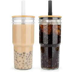 Luxfuel Einmachglas ar breiter Öffnung, 680 ml, ar Bambusdeckel und Strohhalmen, wiederverwendbar, Boba-Teetasse aus Glas für Smoothie, Eiskaffee, Wasser, Saft, Perlmilchshake, spülmaschinenfest,