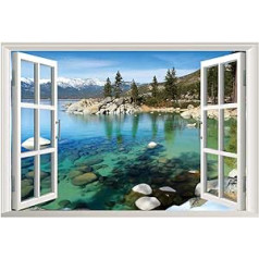 Lichi 3D Fake Window Wall Sticker of Lake View Peaceful Mountain Scenery View Mural Decal for Home Decoration